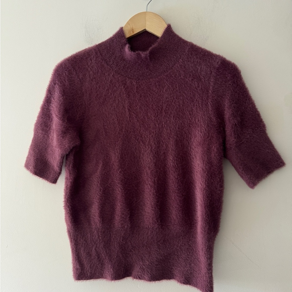 Bailey 44 Plum Burgundy Fuzzy Faux Fur Mock Neck‎ Short Sleeve Pullover Top